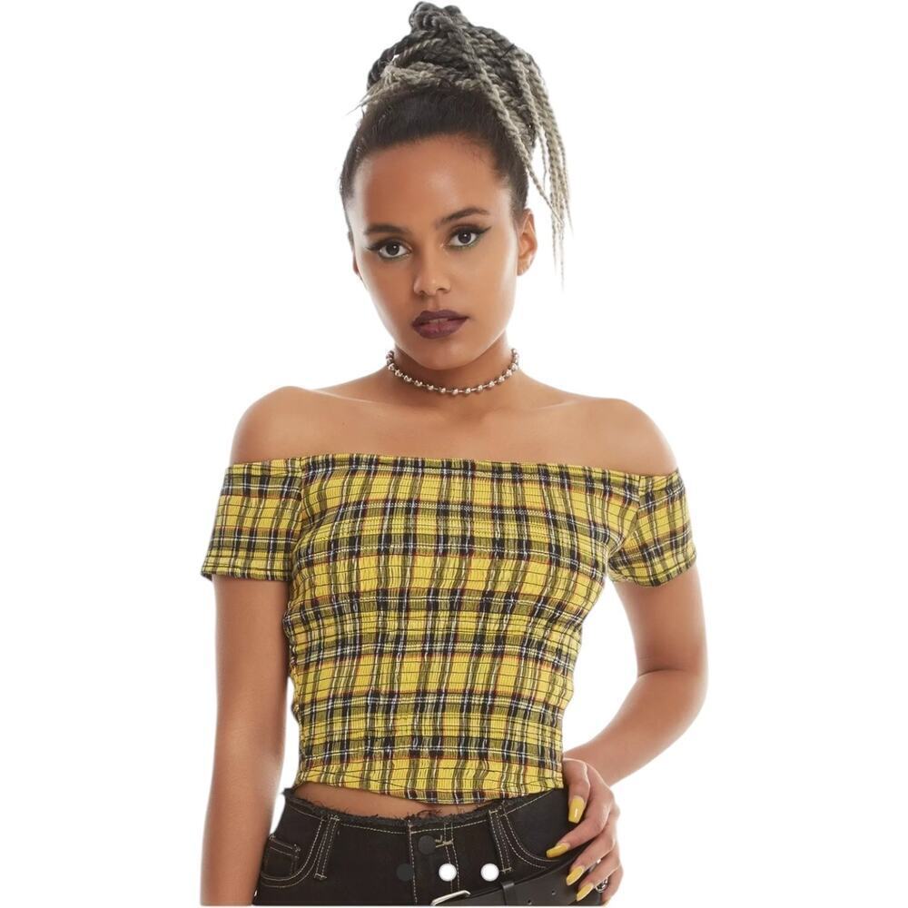 🍀Hot Topic Clueless Yellow Plaid Smocked Cropped Top Junior’s Size Small READ